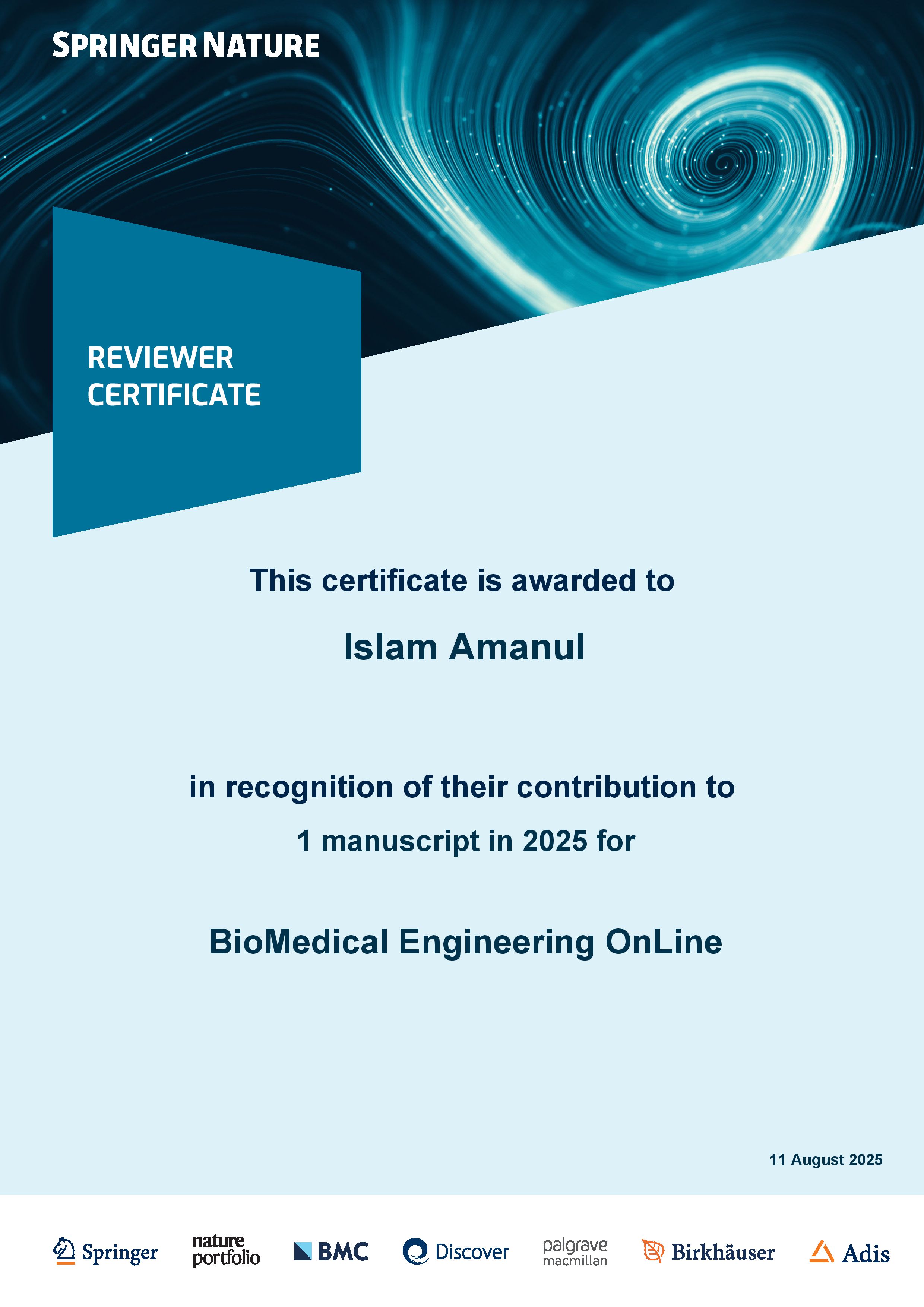 Certificate from Journal of Journal of BioMedical Engineering OnLine
